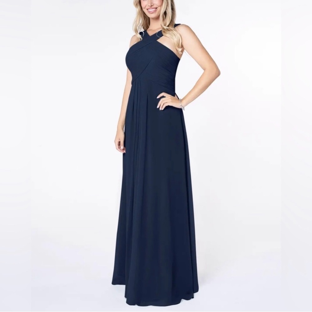 Azazie Navy Kaleigh A-Line Pleated Chiffon Maxi Dress